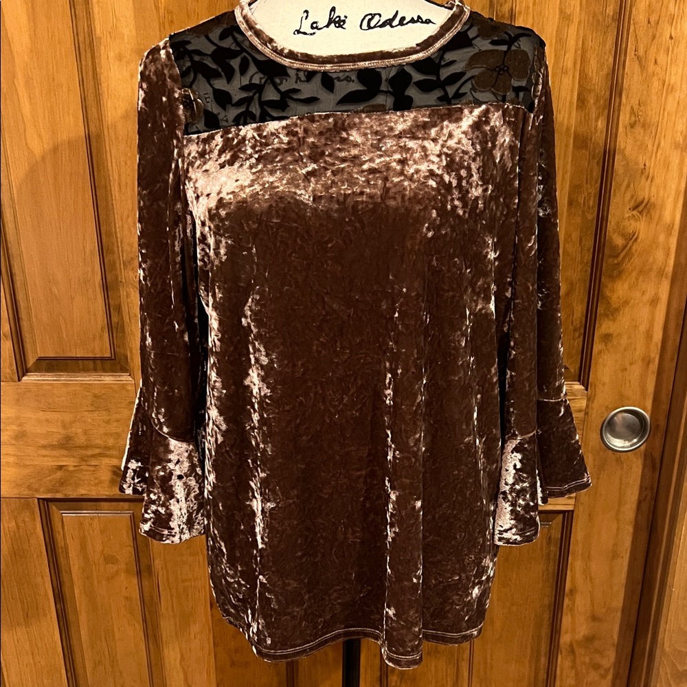 Dear John Brown Velvet Blouse with Black Floral Detail